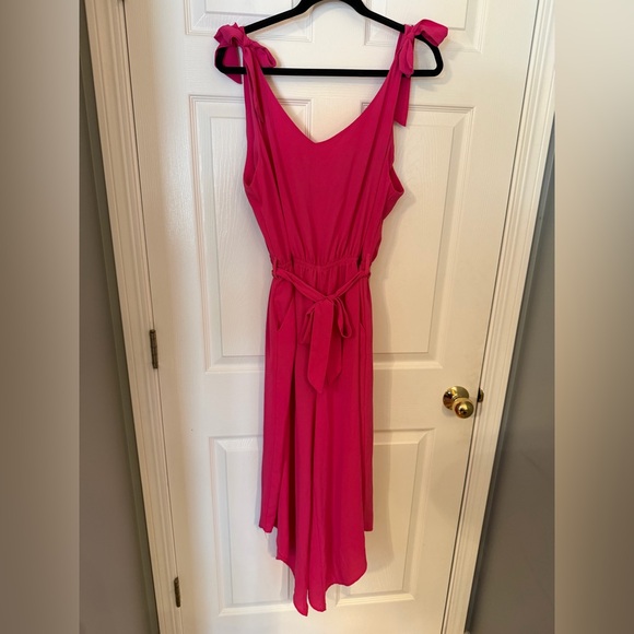 Belongsci Pants - Pink Tie Sleeve, Asymmetrical Leg Jumpsuit with pockets